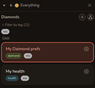 The same rail filtered to the tag me, showing a removable me chip and only My Daimond prefs and My health.