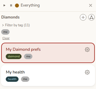 The same rail filtered to the tag me, showing a removable me chip and only My Daimond prefs and My health.
