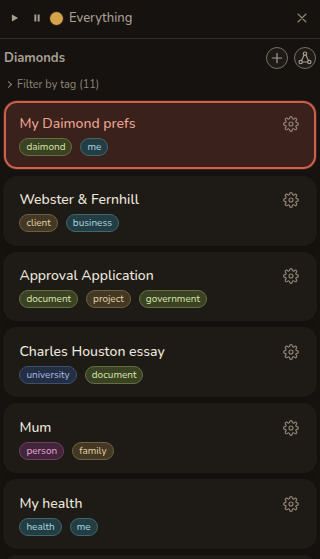 Daimond's rail of diamonds: My Daimond prefs tagged daimond and me, Webster and Fernhill tagged client and business, Approval Application tagged document, project and government, Charles Houston essay tagged university and document, Mum tagged person and family, and My health tagged health and me.