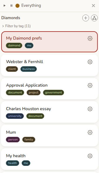 Daimond's rail of diamonds: My Daimond prefs tagged daimond and me, Webster and Fernhill tagged client and business, Approval Application tagged document, project and government, Charles Houston essay tagged university and document, Mum tagged person and family, and My health tagged health and me.